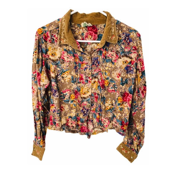 Vintage Jackets & Blazers - Vtg 80s Cropped Floral Jacket Corduroy Embroidery